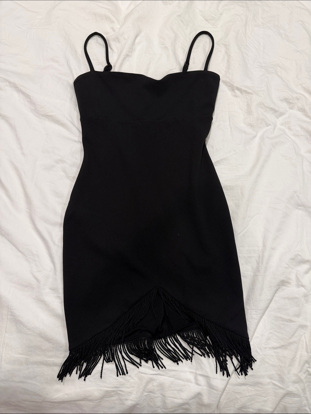 Nookie Black Spaghetti-Strap Fringe Hem Mini Dress